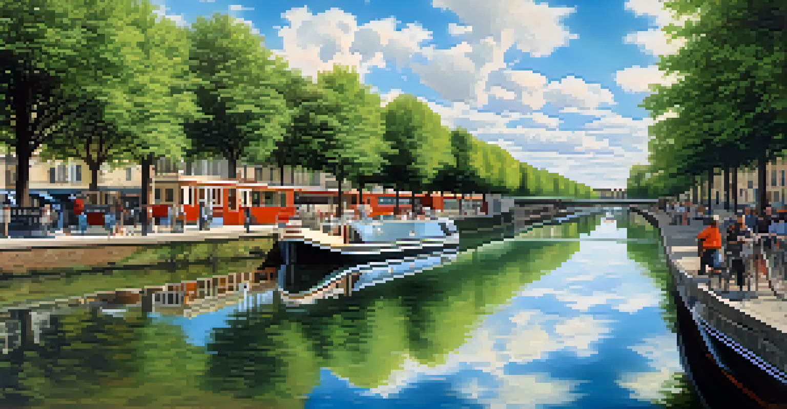 A calm scene at the Canal de l'Ourcq in Paris, featuring large murals on the walls and reflections in the water, with people enjoying the day.