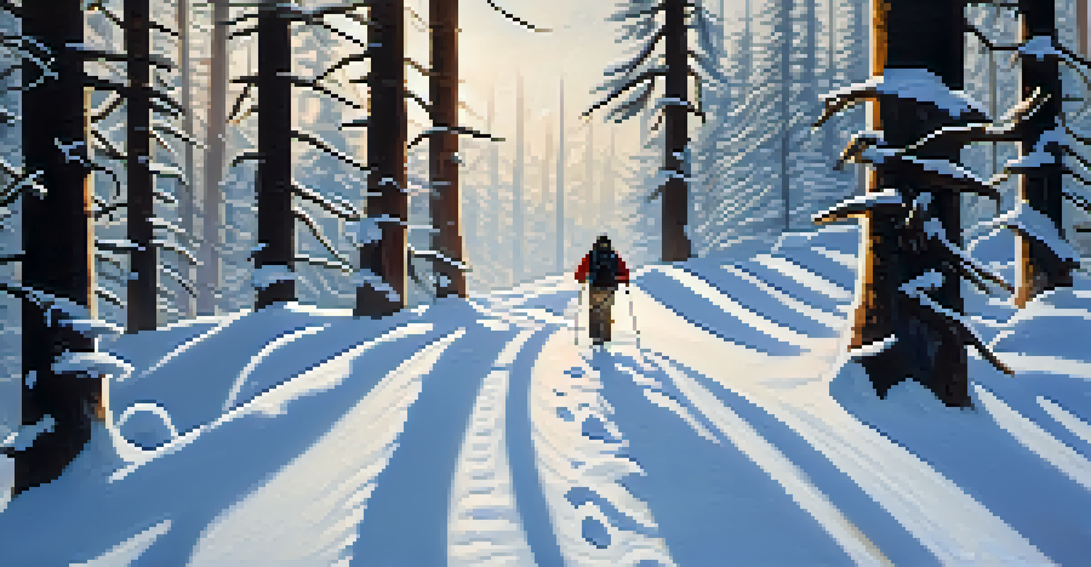 A snowshoer walking through a snowy forest with sunlight filtering through the trees.