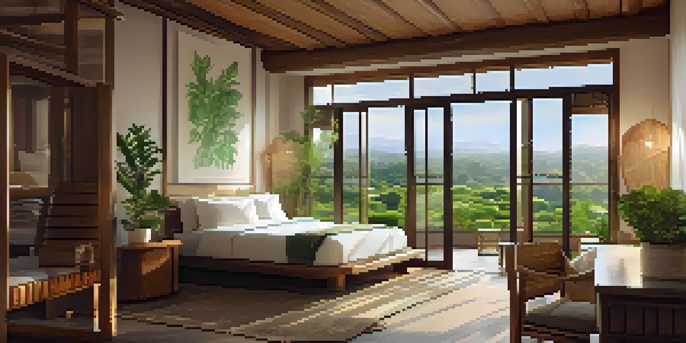 A bright eco-friendly hotel room with bamboo furniture and potted plants, showcasing a view of a green urban landscape.