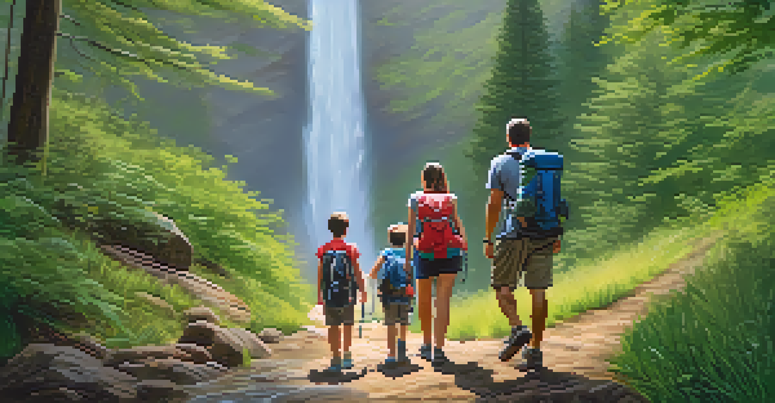 A family hiking towards a waterfall, with children and parents enjoying nature together on a lush trail.
