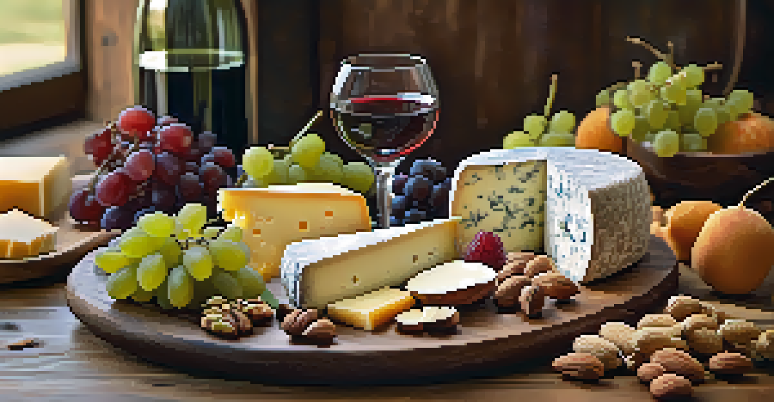 A close-up of a cheese platter filled with various artisanal cheeses, nuts, and fruits, with a glass of wine beside it.
