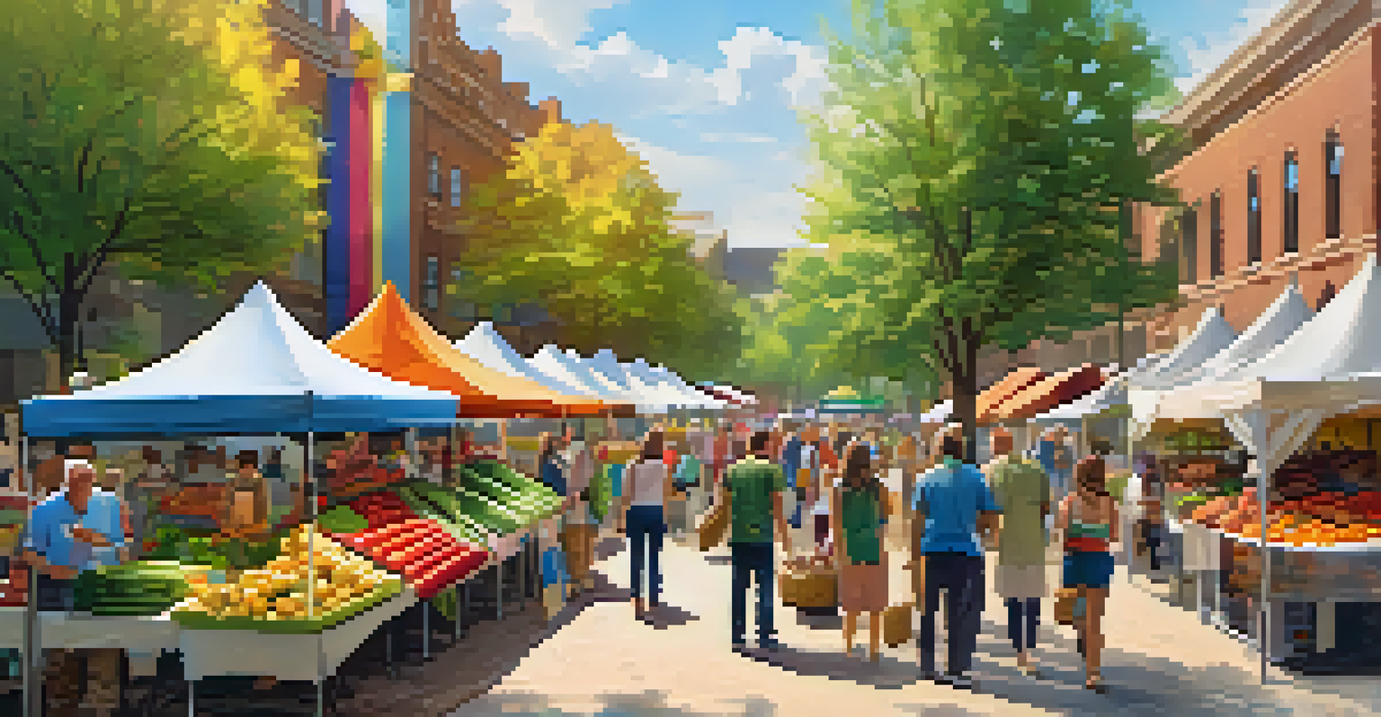 A bustling farmers' market in a city park with stalls of fresh produce and locals enjoying the community event under the sunlight.
