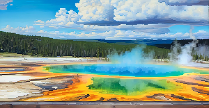 A colorful view of Grand Prismatic Spring in Yellowstone National Park, surrounded by greenery and a clear sky.