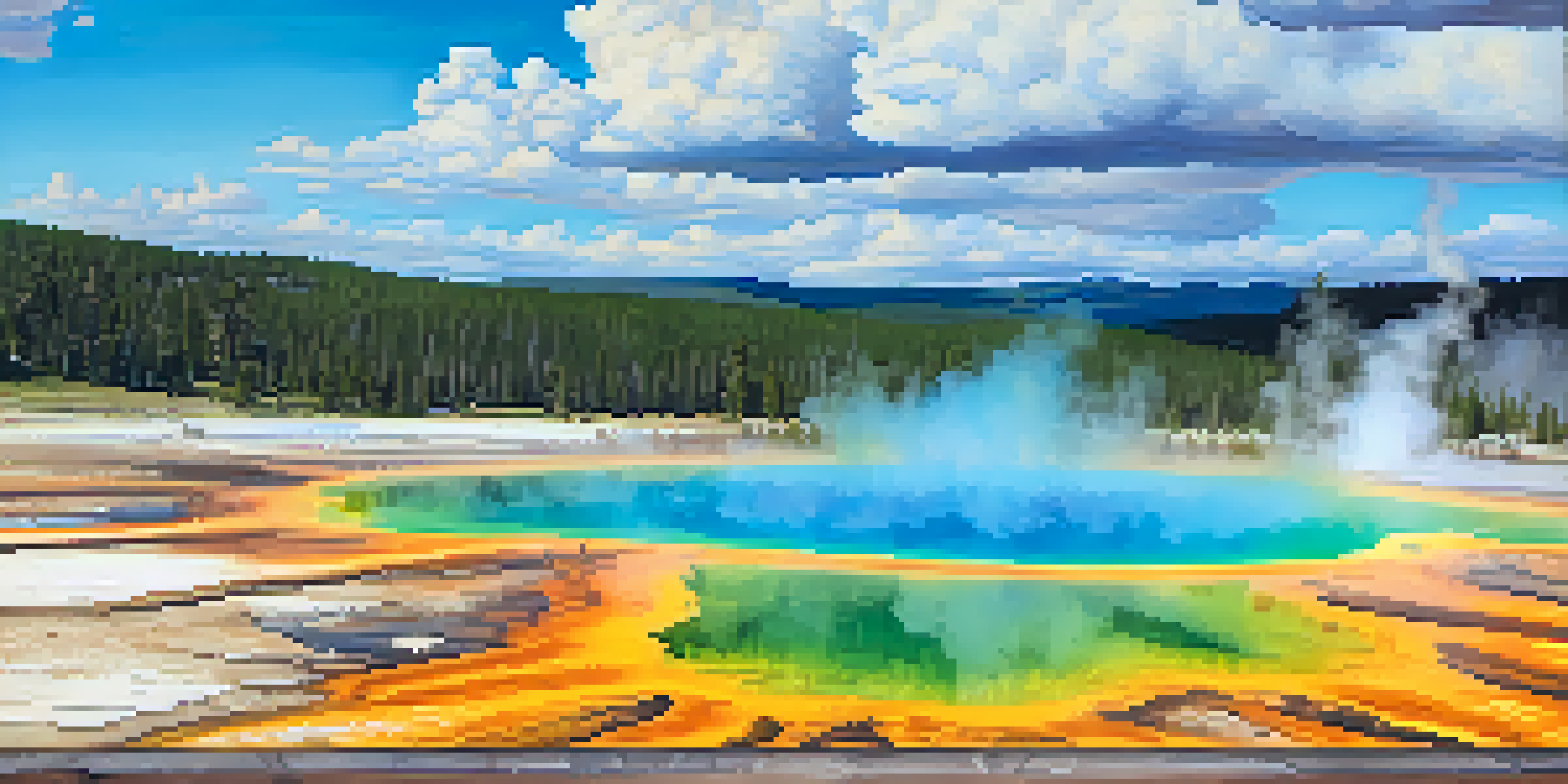 A colorful view of Grand Prismatic Spring in Yellowstone National Park, surrounded by greenery and a clear sky.