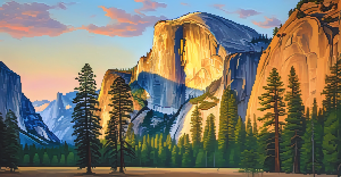 A stunning sunset view of El Capitan in Yosemite National Park, with climbers on its face and lush trees in the foreground.