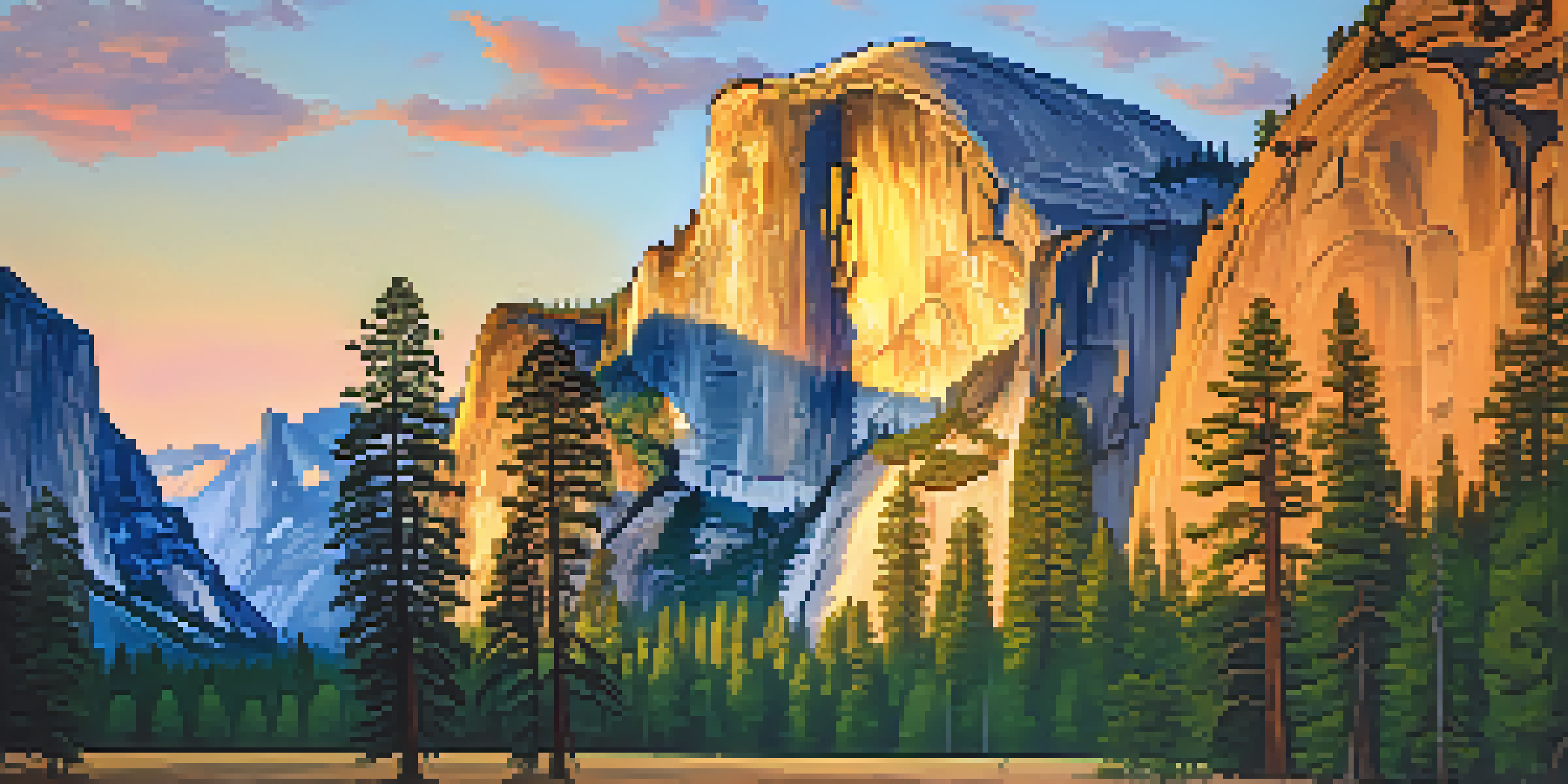 A stunning sunset view of El Capitan in Yosemite National Park, with climbers on its face and lush trees in the foreground.