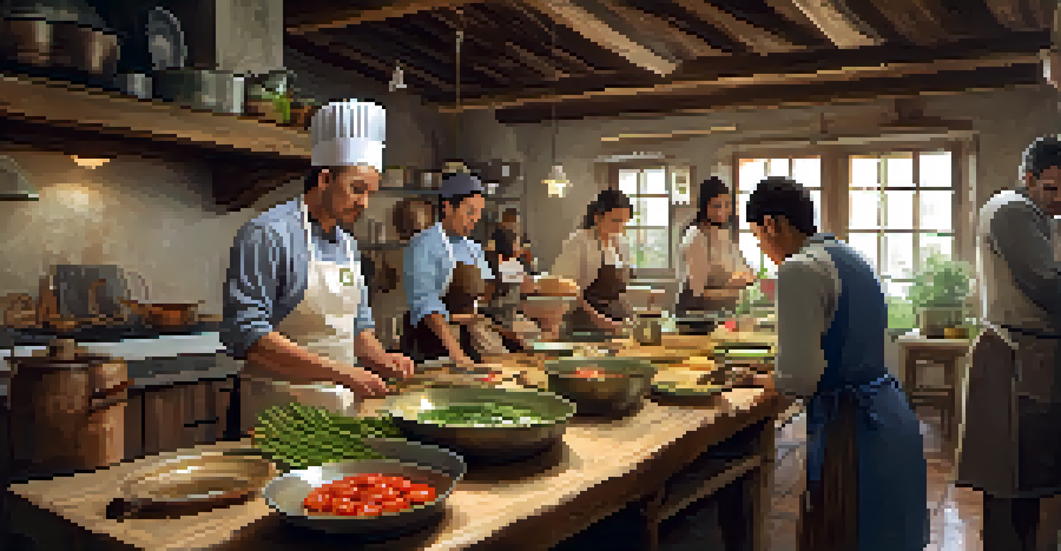A cooking class with a local chef in a rustic kitchen, showcasing fresh ingredients and participants learning to cook a regional dish.