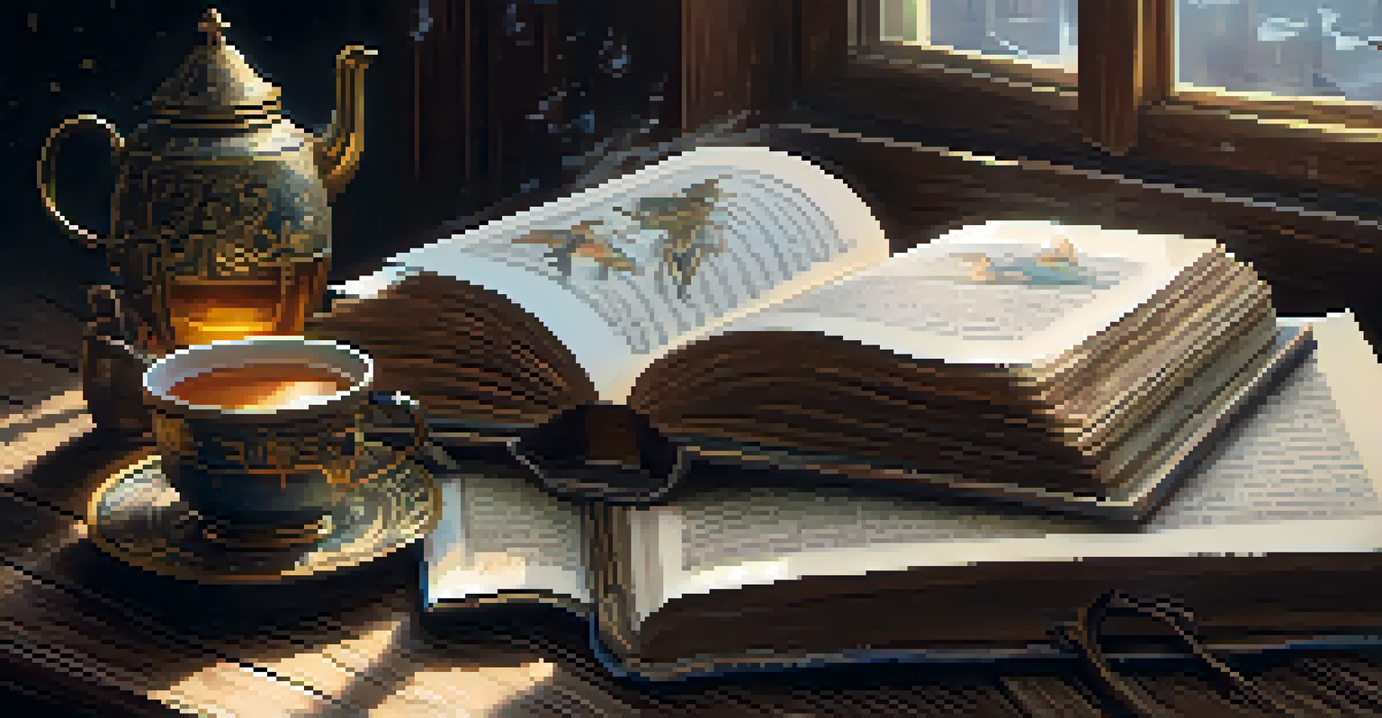 An open book with colorful illustrations on a wooden table, next to a cup of tea.