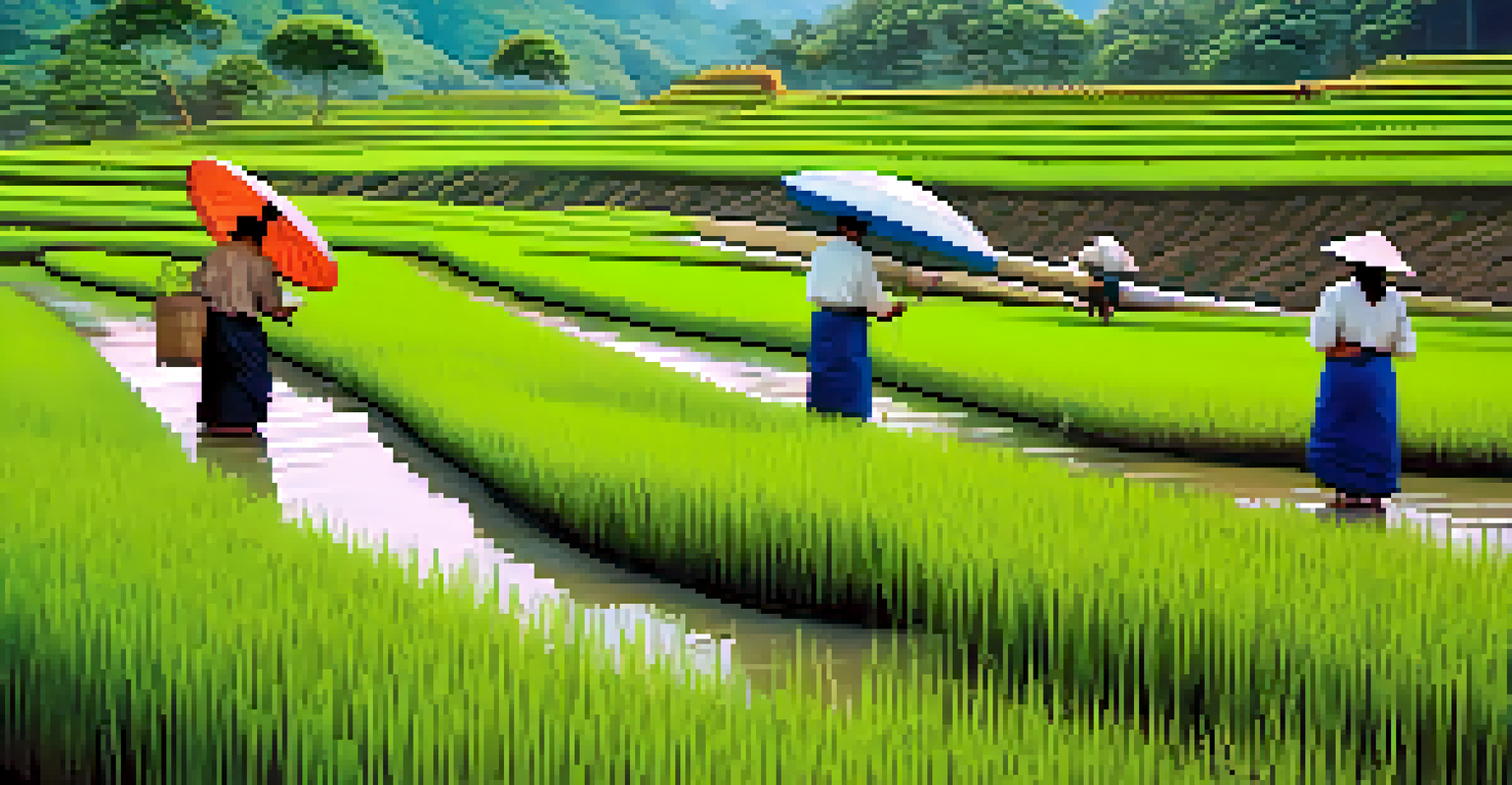 Travelers engaging in rice planting with local farmers in a lush green rice field, showcasing a beautiful landscape.