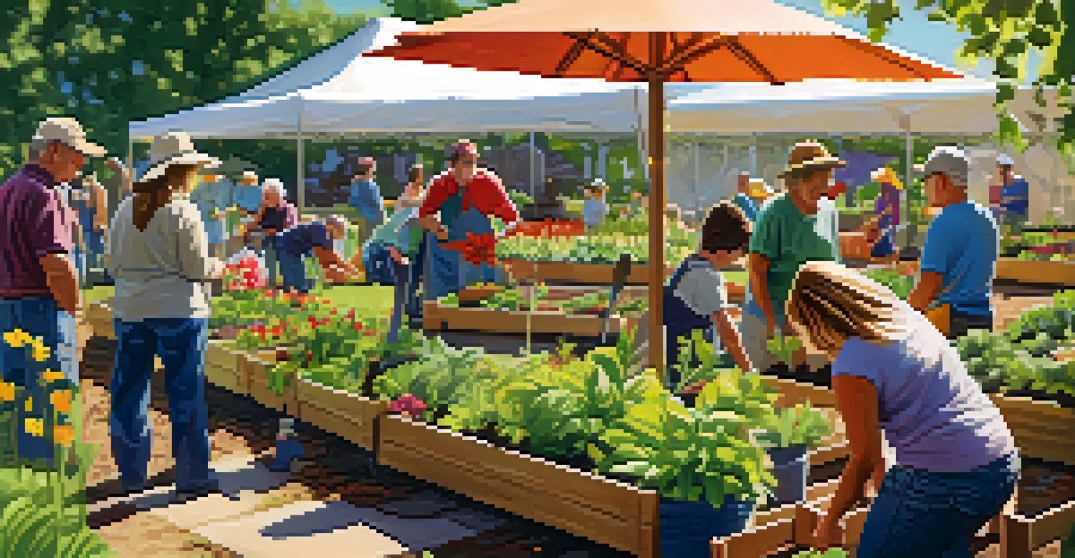 A diverse group of volunteers planting flowers and vegetables in a sunny community garden.