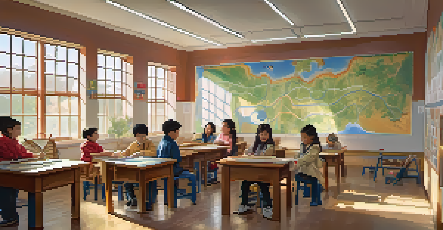 Children in a classroom working on a cultural heritage project, with maps and artifacts around, illuminated by natural light.