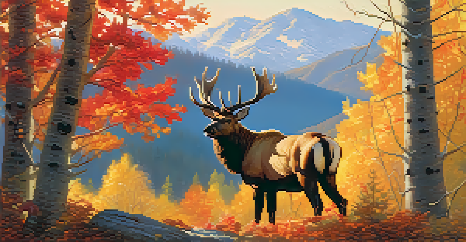 An autumn landscape with colorful foliage and an elk in a national park.