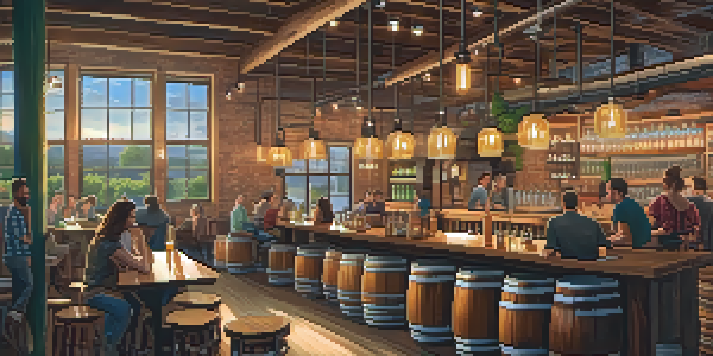 An interior view of a brewery with wooden barrels and brewing equipment, warm lighting, and patrons enjoying drinks at tables.