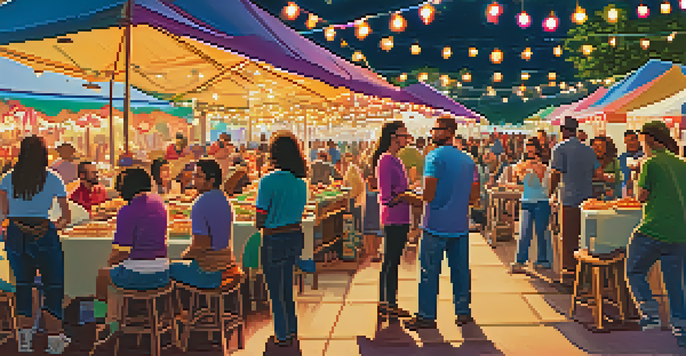 A lively food festival with diverse attendees enjoying various foods at colorful stalls under warm string lights.