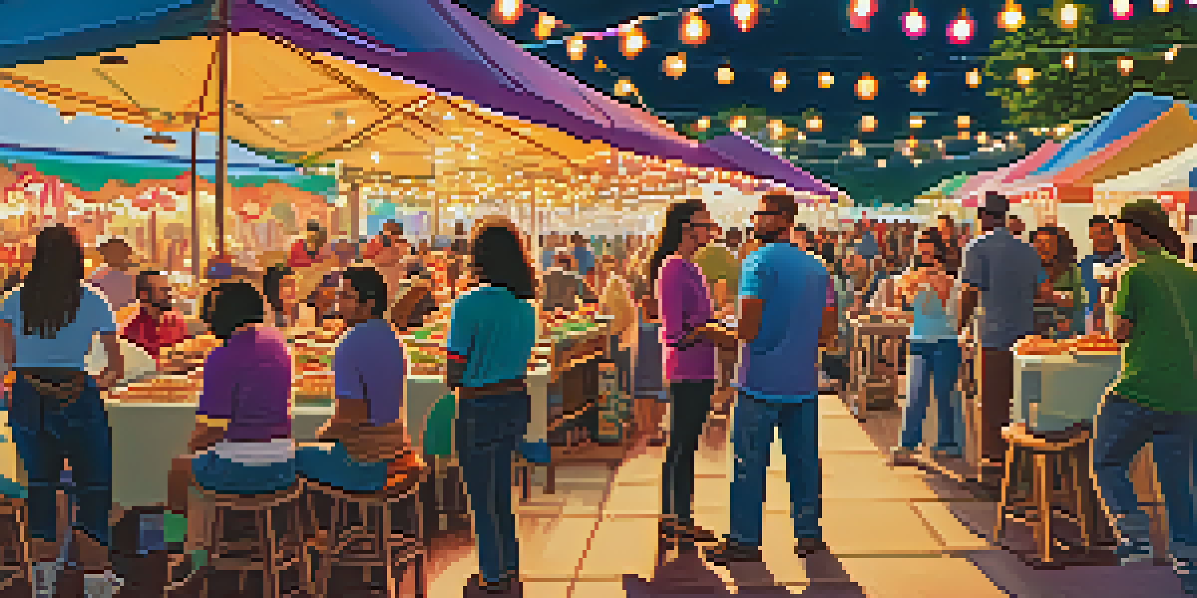 A lively food festival with diverse attendees enjoying various foods at colorful stalls under warm string lights.