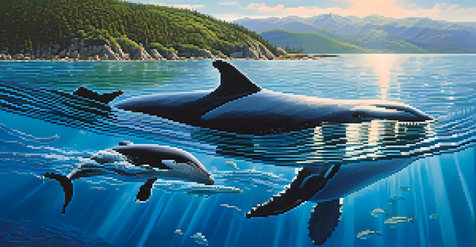 A mother whale and her calf swimming together in a calm blue ocean, with sunlight filtering through the water and illuminating their movements.