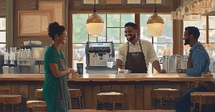 A diverse group of people inside a cozy café, greeting each other with smiles and handshakes.