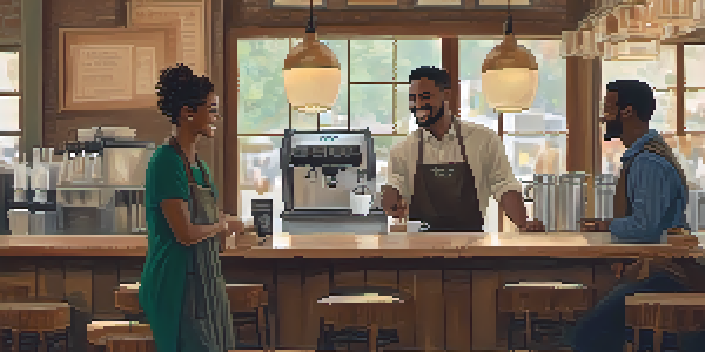 A diverse group of people inside a cozy café, greeting each other with smiles and handshakes.