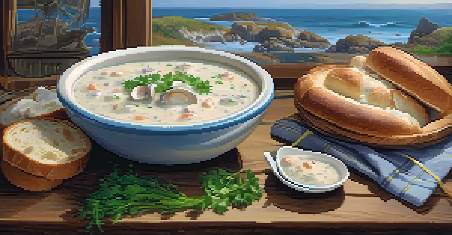 A bowl of creamy clam chowder in a bread bowl, garnished with parsley, set on a rustic wooden table with coastal decor in the background.