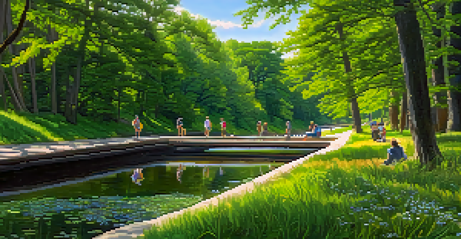 A scenic hiking trail by the C&O Canal, with hikers enjoying nature and a calm canal reflecting the sky.