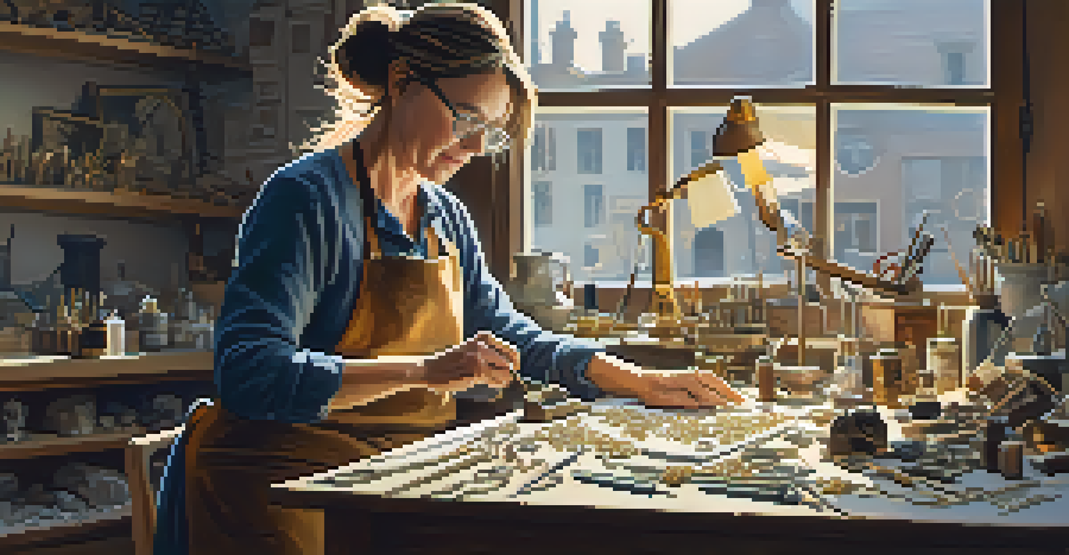 An artisan jeweler crafting a gold ring in a cozy studio filled with tools and sketches, with natural light coming through a window.