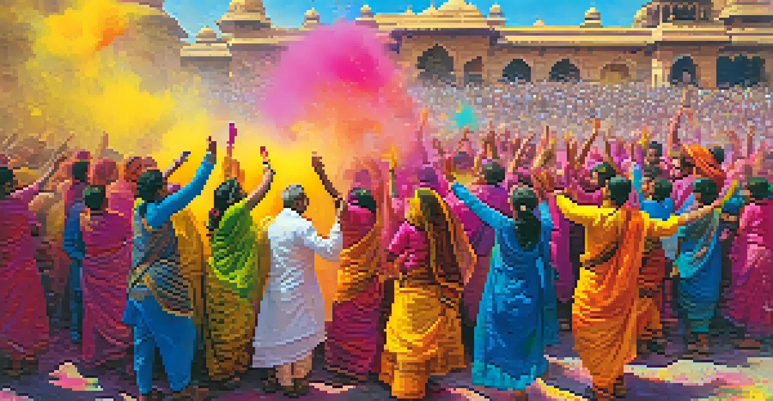 Participants celebrating Holi by throwing colorful powders into the air, surrounded by a vibrant atmosphere of joy and unity.