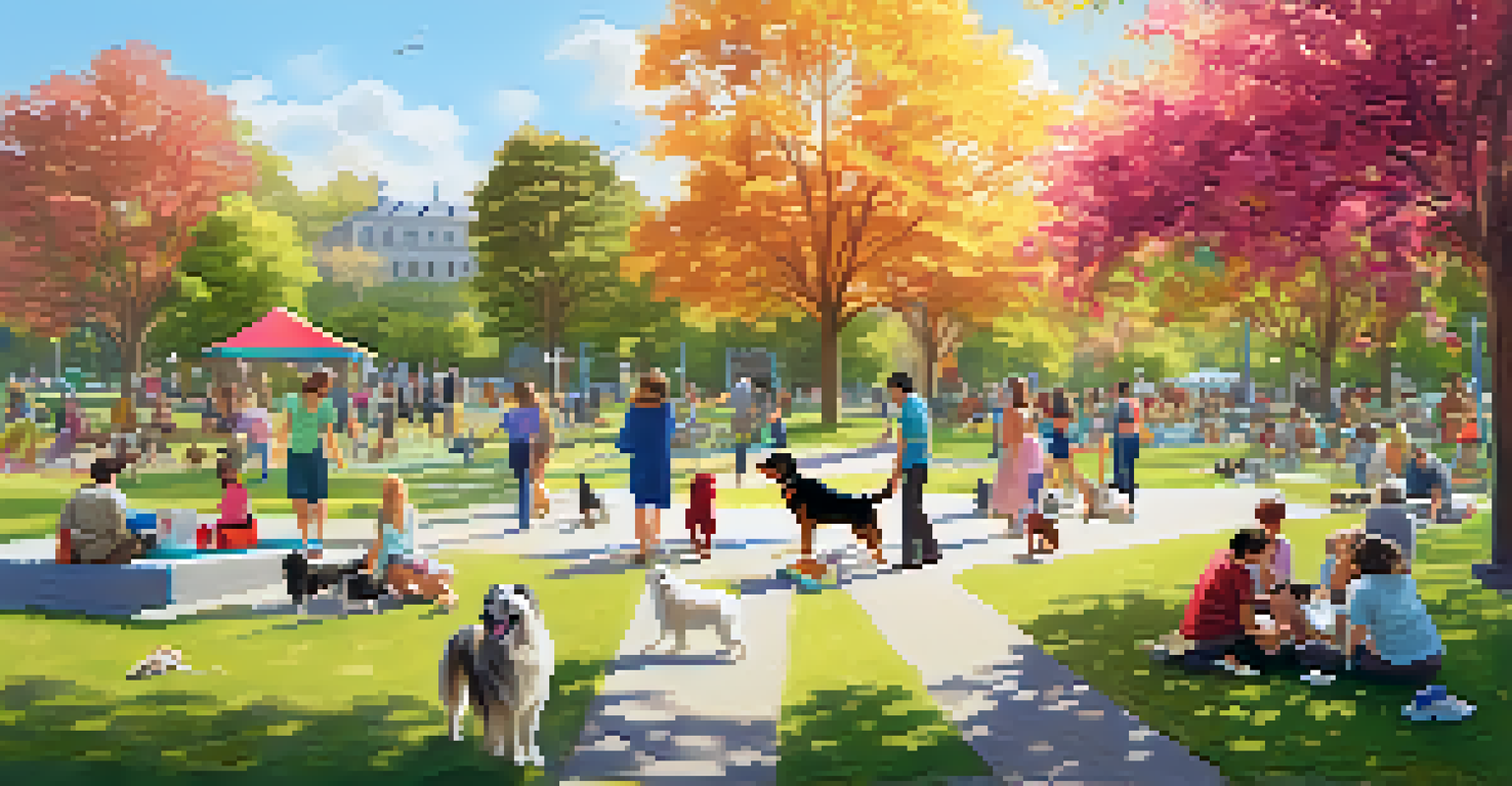 A lively park with dogs playing and families having picnics, surrounded by flowers and trees on a sunny day.