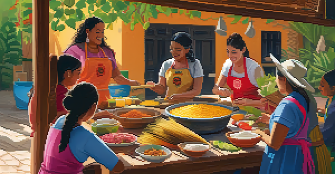 A diverse group of people participating in an outdoor cooking class, learning to make tamales surrounded by traditional Mexican decorations and fresh ingredients.