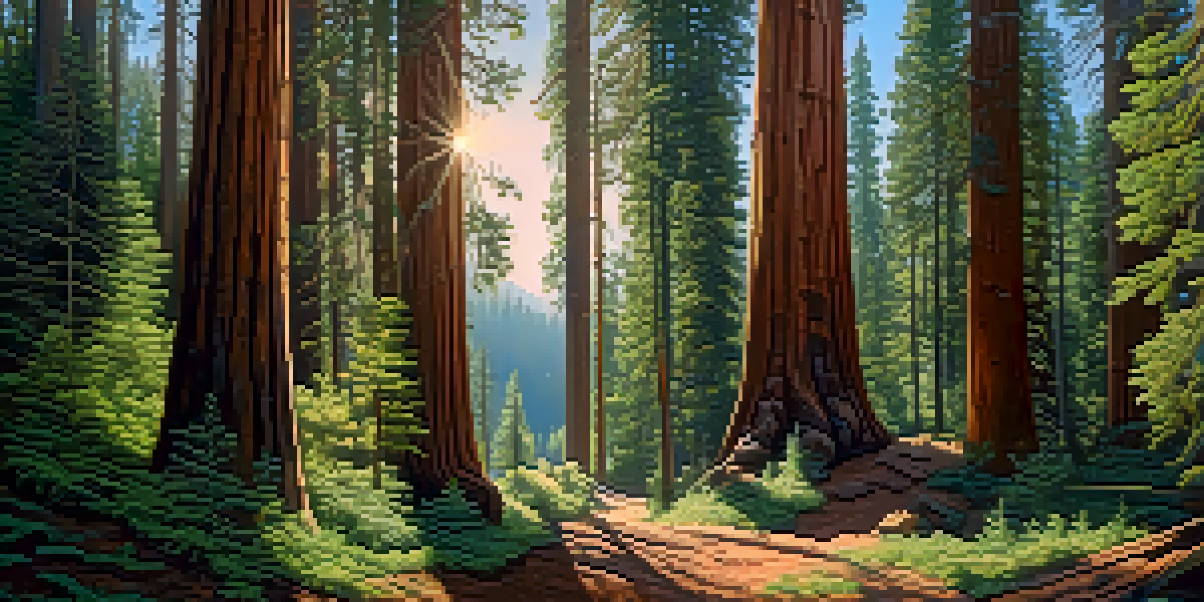 A view of large sequoia trees in a forest with sunlight filtering through the branches, illuminating ferns on the ground.