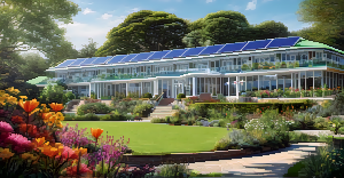 A scenic view of an eco-friendly hotel with lush gardens and solar panels, under a clear blue sky.