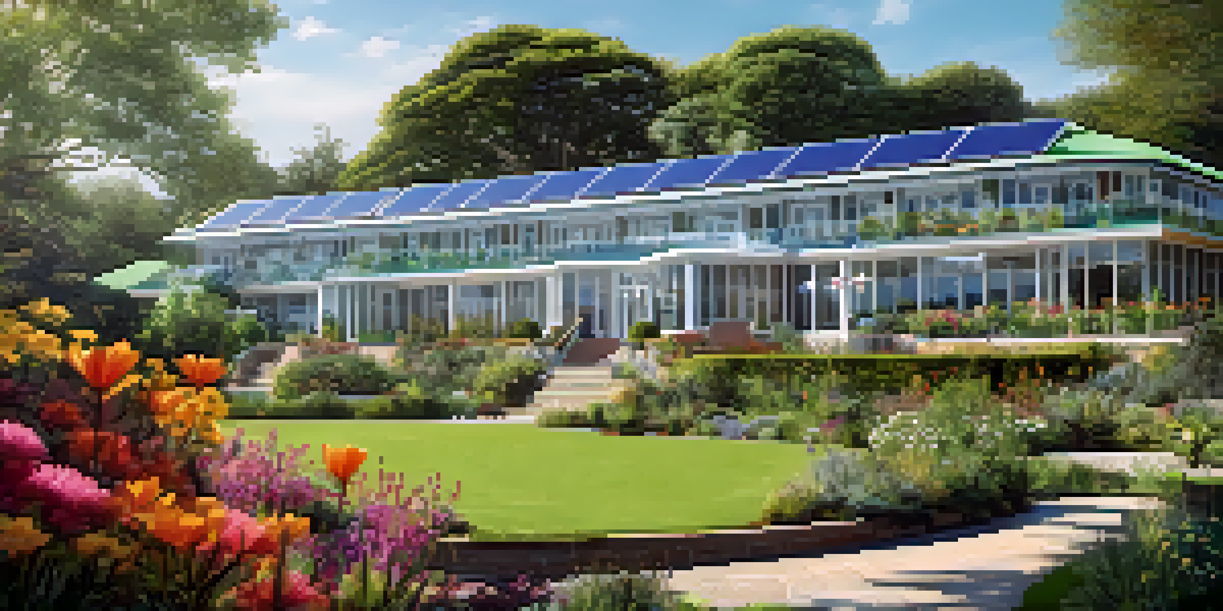 A scenic view of an eco-friendly hotel with lush gardens and solar panels, under a clear blue sky.