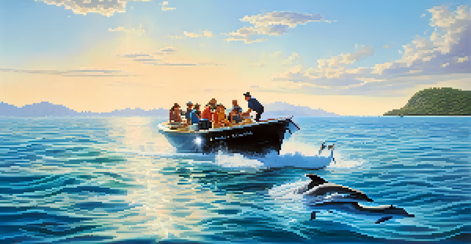Tourists on a boat watching dolphins swimming in the clear blue ocean, with islands in the background.