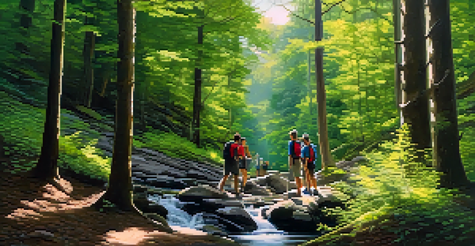 A local guide leading hikers through a forest, with sunlight filtering through trees and a waterfall in the background.