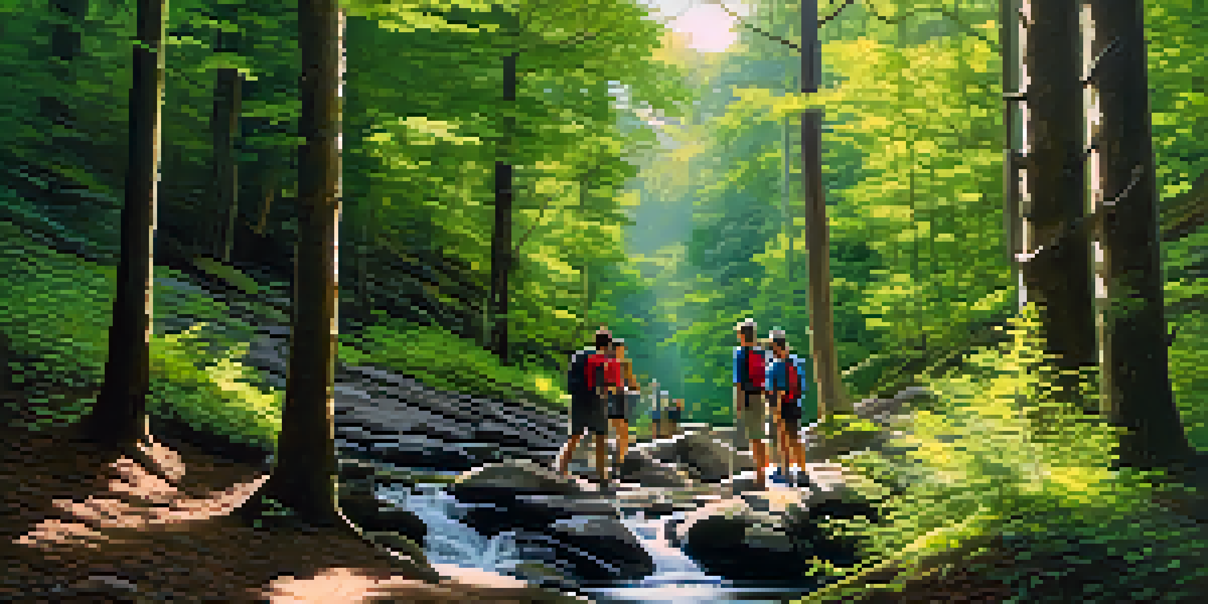 A local guide leading hikers through a forest, with sunlight filtering through trees and a waterfall in the background.