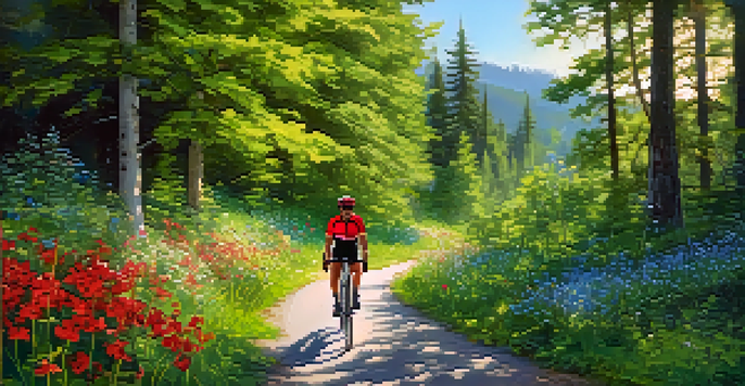 A cyclist riding on a forest biking trail with sunlight streaming through the trees and a view of a lake in the background.