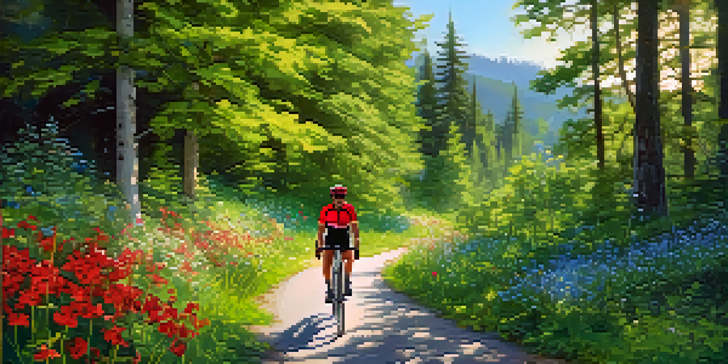 A cyclist riding on a forest biking trail with sunlight streaming through the trees and a view of a lake in the background.