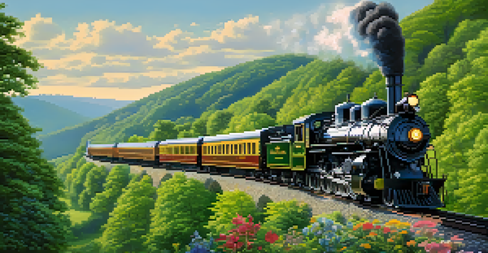 A historic steam locomotive of the Chesapeake and Ohio Railway traveling through a lush green valley, with colorful wildflowers and a clear blue sky.