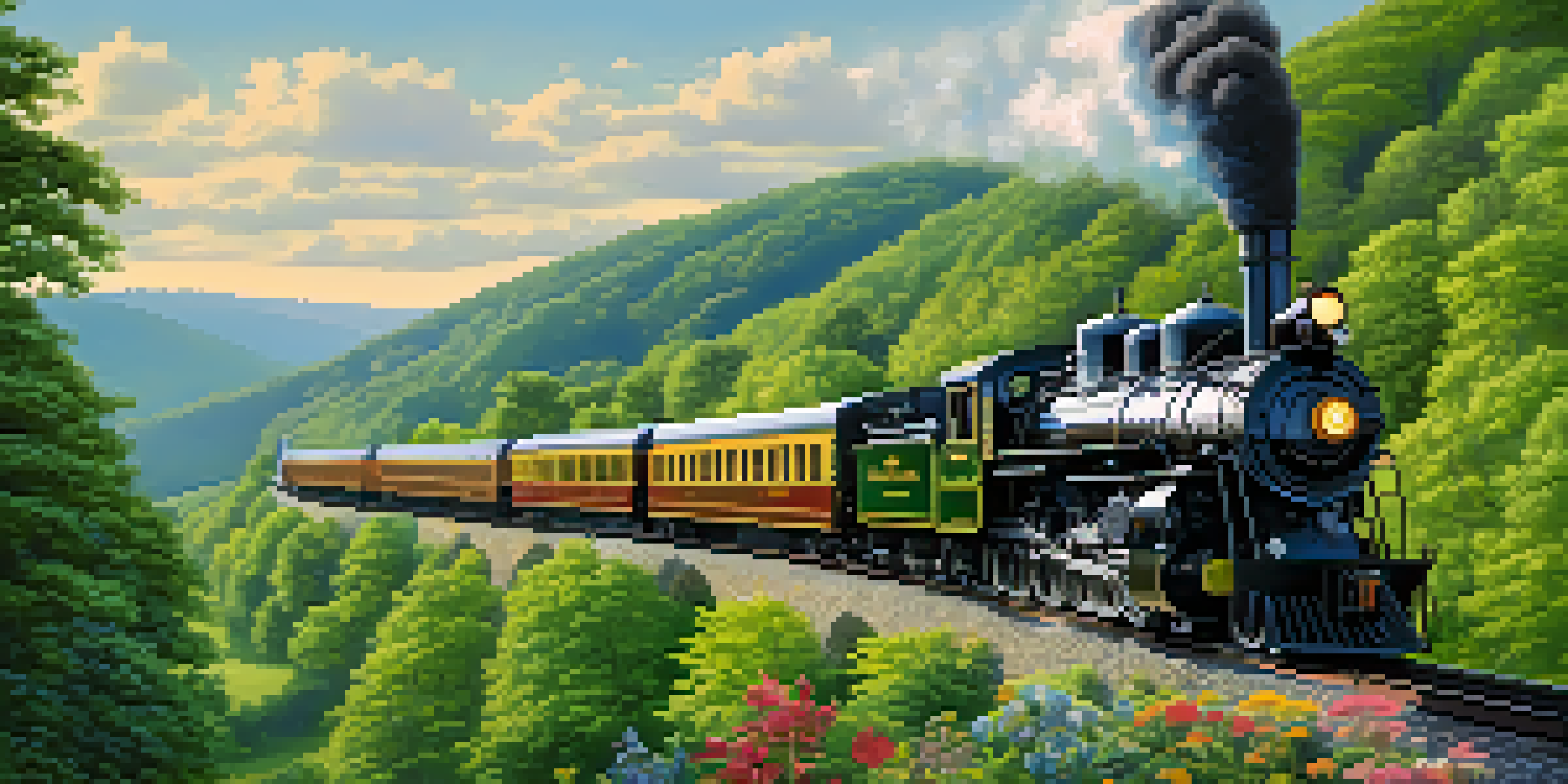 A historic steam locomotive of the Chesapeake and Ohio Railway traveling through a lush green valley, with colorful wildflowers and a clear blue sky.