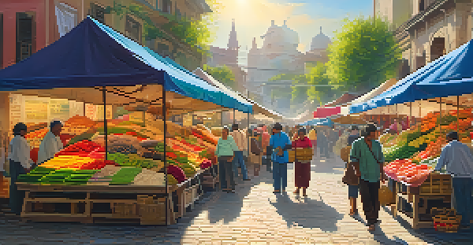 A lively market with colorful stalls, fresh produce, and local vendors engaging with customers under the warm sunlight.