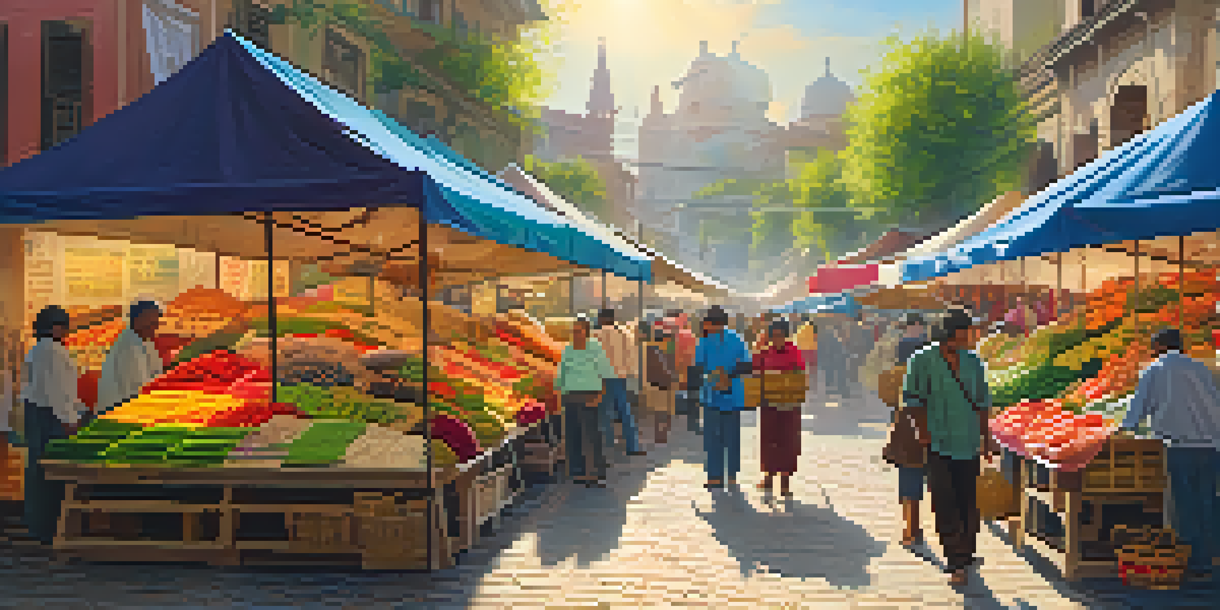 A lively market with colorful stalls, fresh produce, and local vendors engaging with customers under the warm sunlight.
