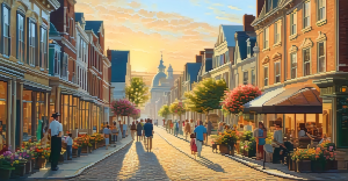 A lively street in a historical district with colonial buildings and blooming flowers, illuminated by the warm light of sunset.