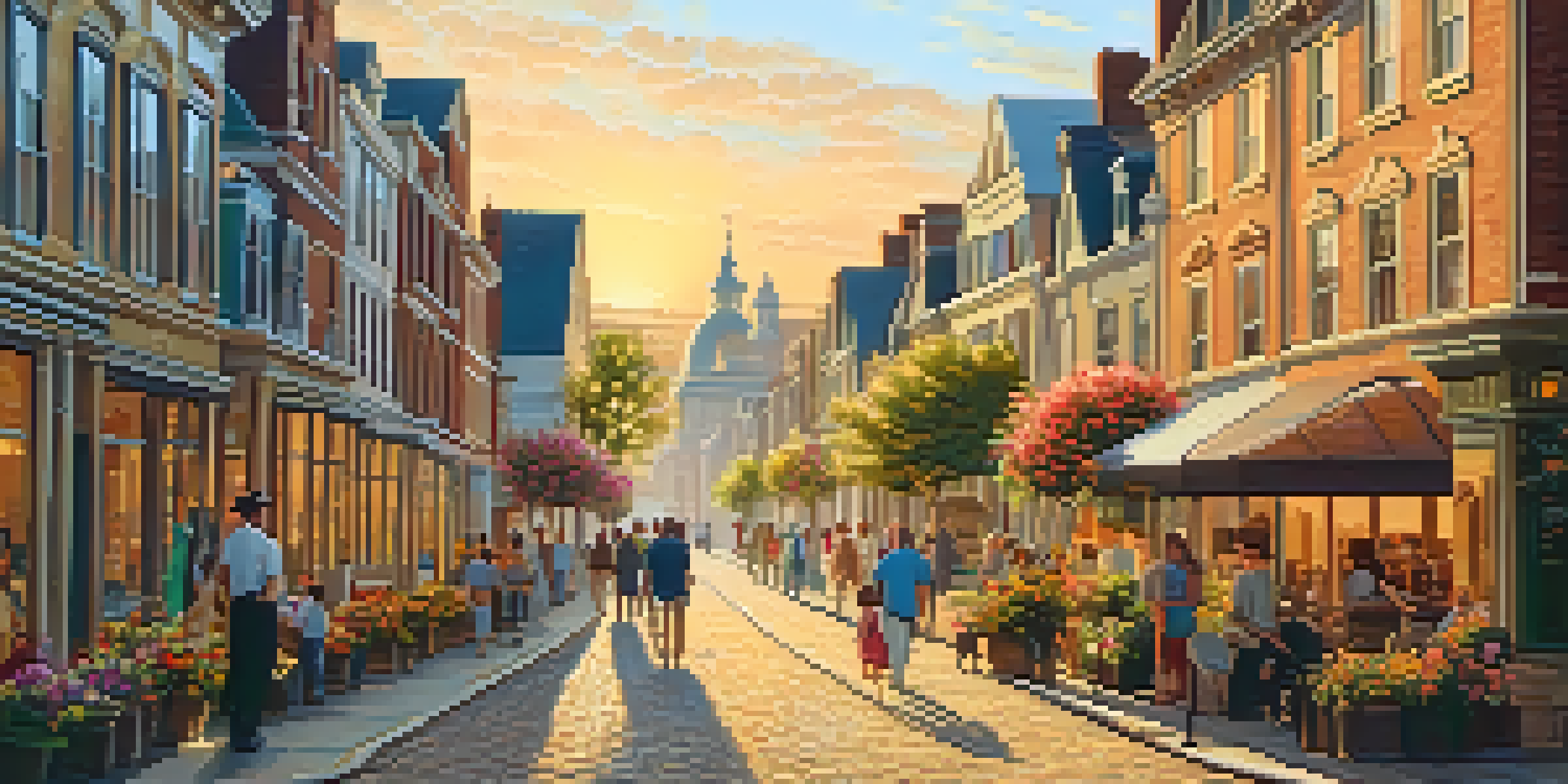 A lively street in a historical district with colonial buildings and blooming flowers, illuminated by the warm light of sunset.