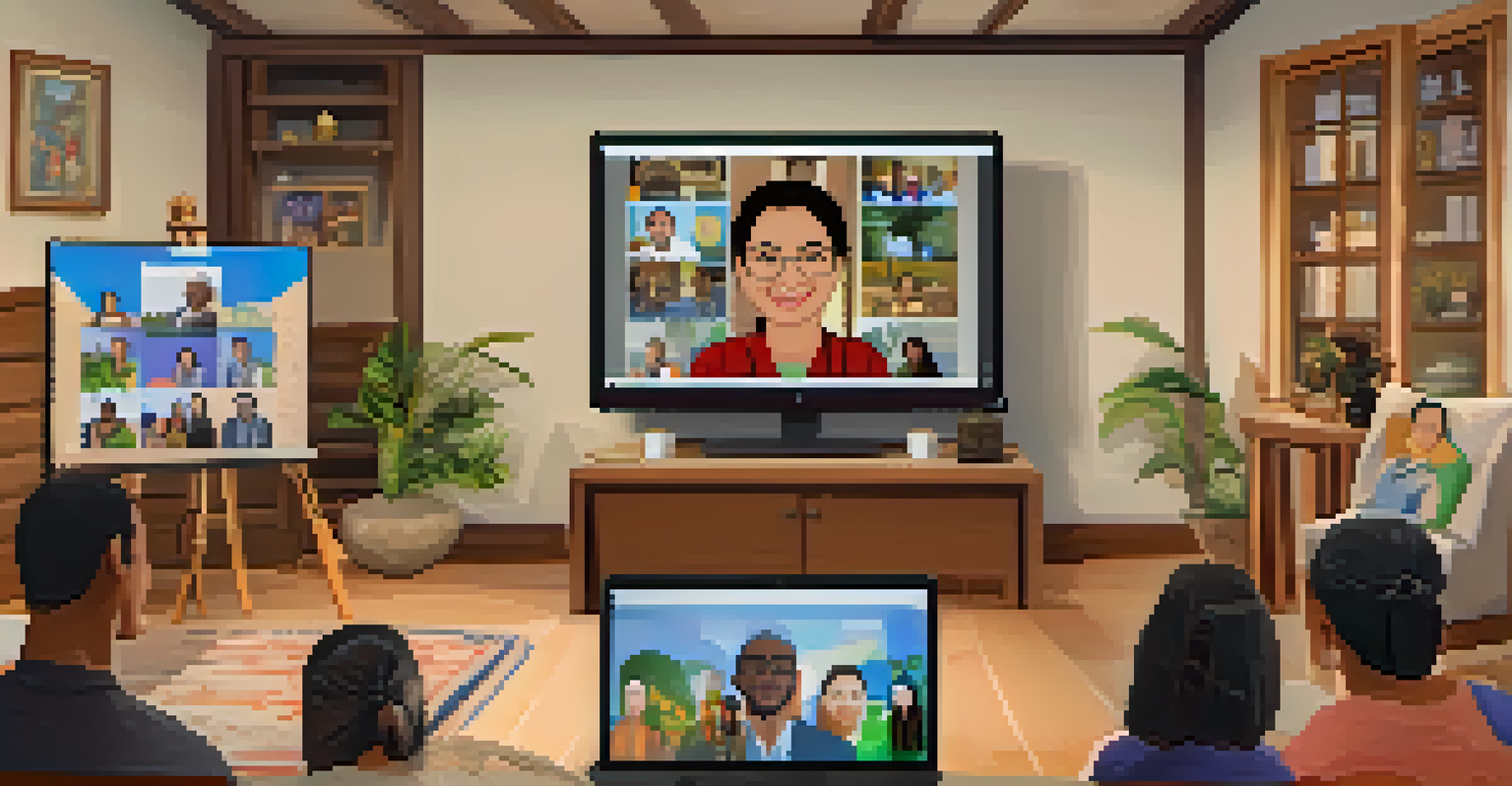 Participants from different countries smiling and connecting through a video conference, showcasing their cultural artifacts in the background.