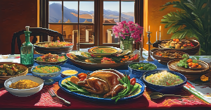 A rustic dining table set with diverse traditional dishes from various cultures, decorated with colorful textiles and warm lighting.