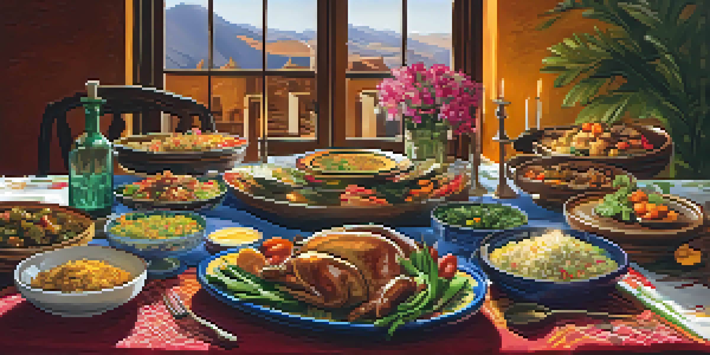 A rustic dining table set with diverse traditional dishes from various cultures, decorated with colorful textiles and warm lighting.
