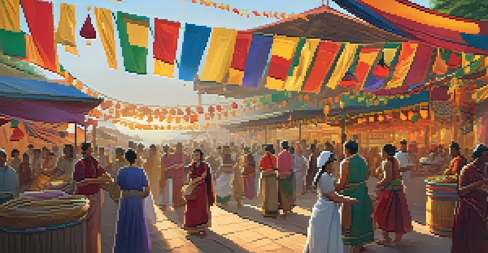 A lively cultural festival with people dancing and enjoying food, surrounded by colorful decorations.