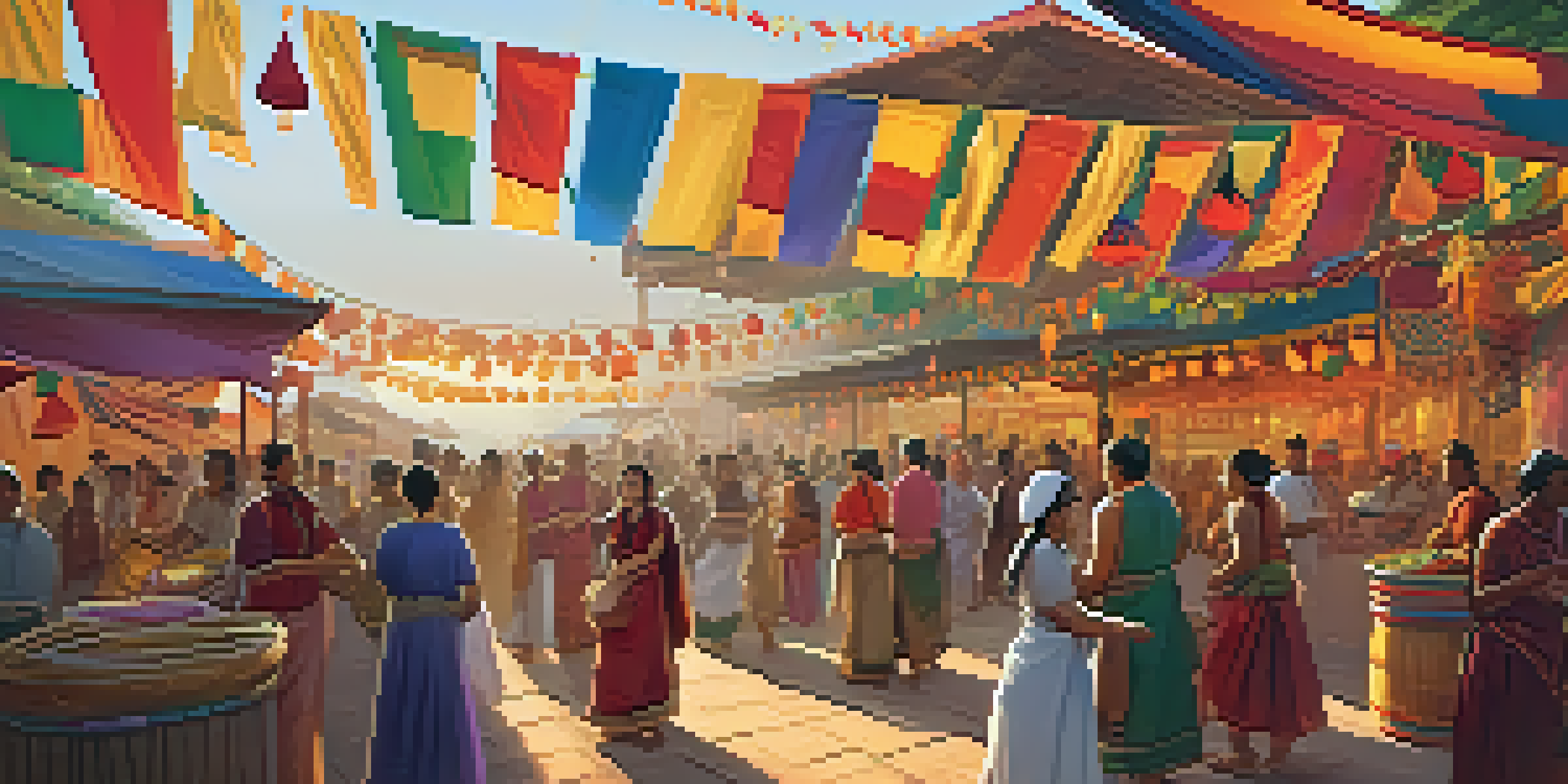 A lively cultural festival with people dancing and enjoying food, surrounded by colorful decorations.