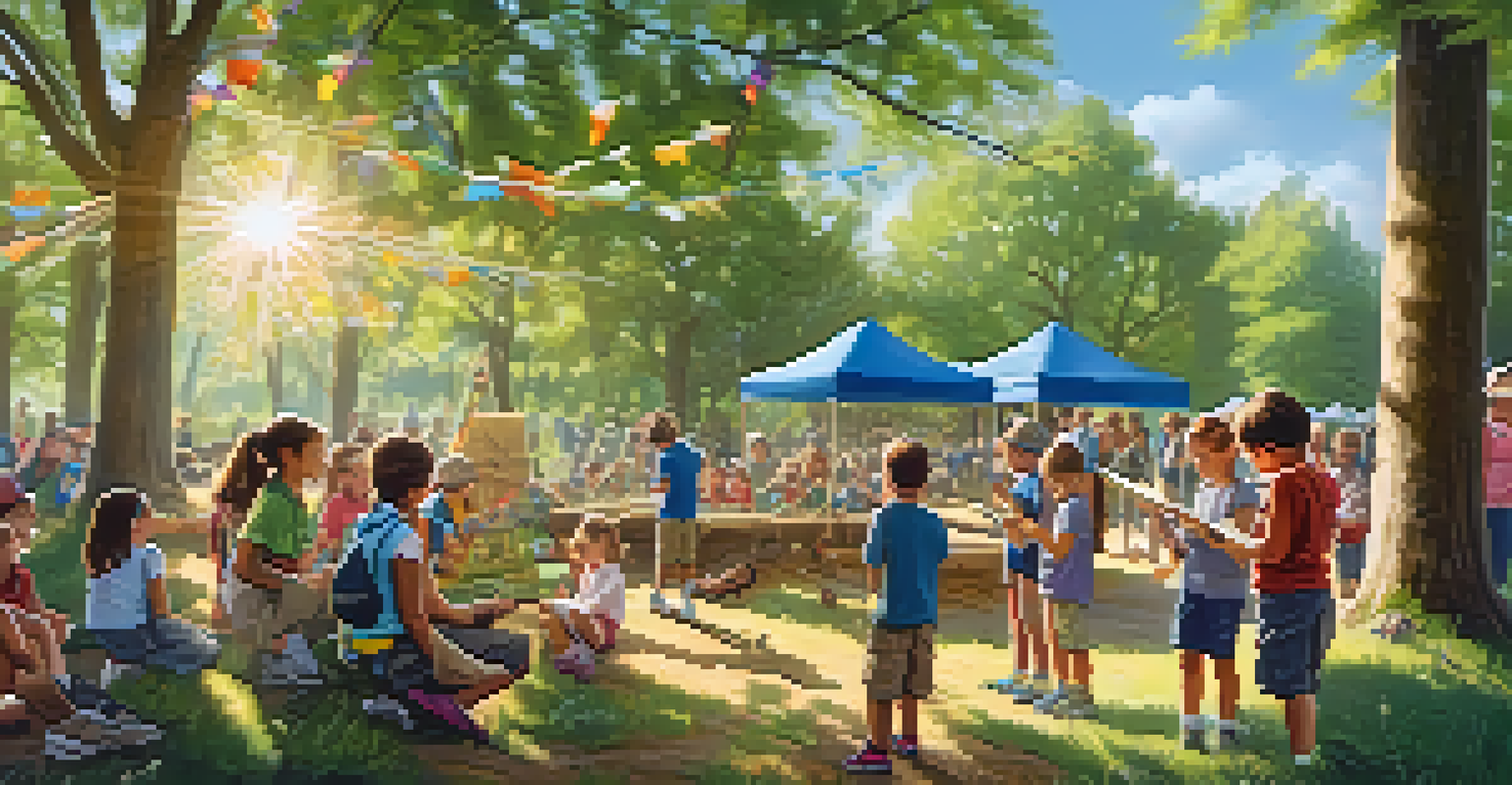Children engaged in an outdoor workshop learning knot tying and wildlife tracking at a festival.