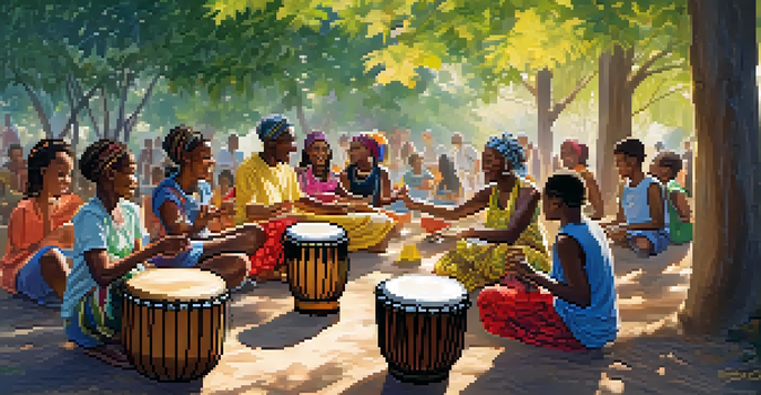 A diverse group of people playing djembe drums in an outdoor workshop under a tree, with sunlight filtering through the leaves.