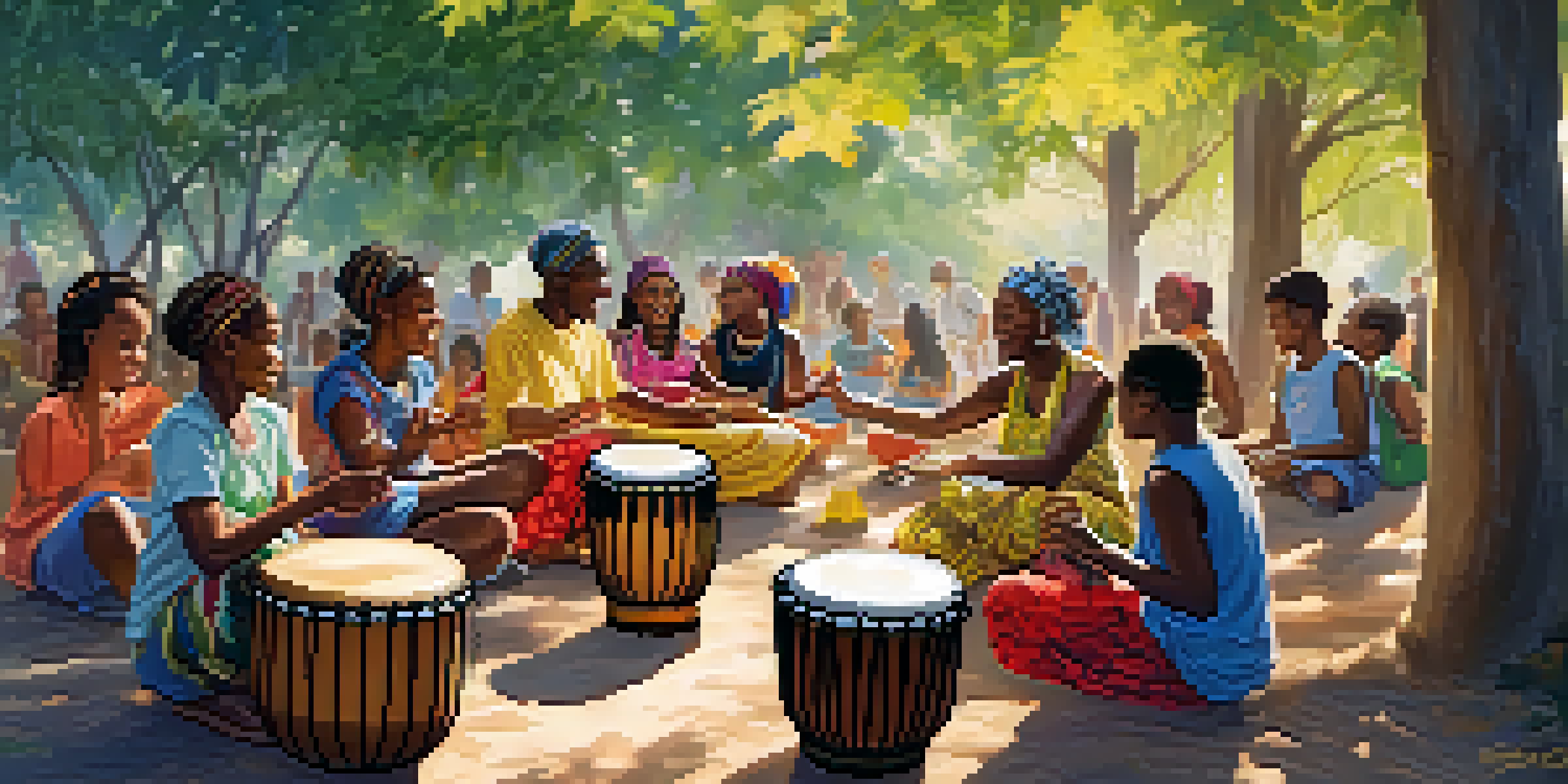 A diverse group of people playing djembe drums in an outdoor workshop under a tree, with sunlight filtering through the leaves.
